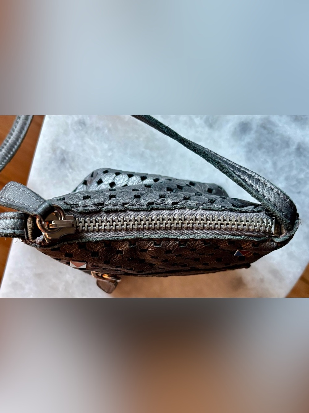 Linea Pelle Teal Perforated Leather Crossbody Bag - Picture 3 of 10